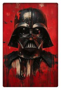 Dark, grunge-style painting of Darth Vader’s helmet against a bold red background.