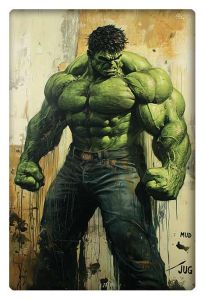 Grungy depiction of the Hulk, fists clenched, exuding raw strength in distressed jeans.