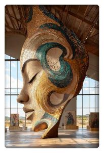 A majestic sculpture of a serene female face adorned with flowing blue and gold patterns, displayed in a spacious, sunlit gallery.