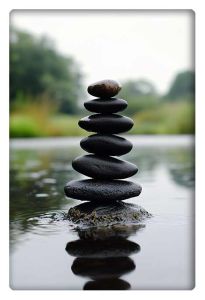 A serene arrangement of balanced black stones, stacked one atop the other, reflecting on a calm lake in a tranquil natural setting.