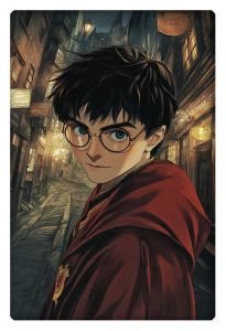 Young Harry Potter in Diagon Alley with a red Gryffindor cloak.