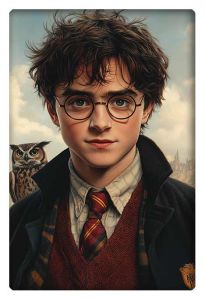 Realistic portrait of Harry Potter in school uniform with Hedwig perched behind him.