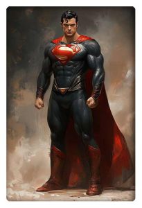 Full-length realistic portrait of Superman standing powerfully in his red cape and blue suit.