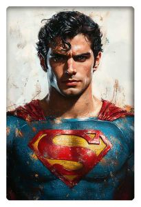 Realistic, textured painting of Superman with intense expression, wearing his iconic suit.