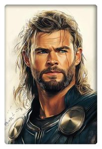 Portrait of Thor, the God of Thunder, with intense focus and a rugged, heroic appearance.