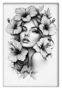 Detailed pencil sketch of a woman surrounded by large hibiscus flowers, blending nature and beauty in an intricate tattoo-style design.