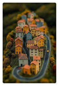 A vertigo-inducing aerial shot of a charming European village with winding roads and colorful houses perched on a lush hillside.