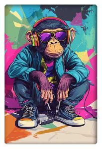 A cool, modern artwork of a monkey wearing headphones and sunglasses in vibrant colors.