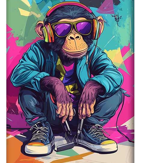 A cool, modern artwork of a monkey wearing headphones and sunglasses in vibrant colors.