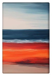 Abstract landscape artwork featuring layers of vibrant red and deep blue, representing a horizon between fiery land and calm sea.