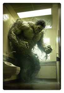 AI-generated Hulk bursting out of a restroom in a dramatic and intense scene.