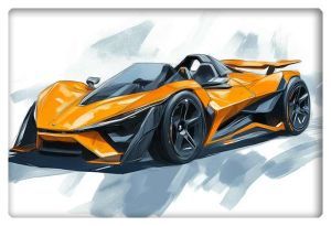 A dynamic sketch of a low-angle, angular-shaped hypercar in bright orange, capturing the futuristic design and speed elements of modern automotive engineering.