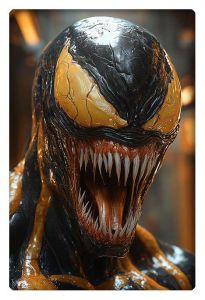 Hyperrealistic close-up of Venom with cyberpunk lighting, showcasing detailed fangs and menacing expression.