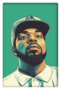 Vibrant vector-style portrait of Ice Cube in a bold green and teal color palette.