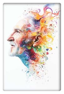 Abstract portrait of an elderly man with a colorful, swirling background symbolizing imagination and creativity.