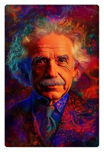 Bold, colorful portrait of Albert Einstein with vibrant swirling textures