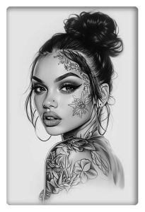 Black and white pencil sketch of a woman with intricate floral tattoos on her face and shoulder.