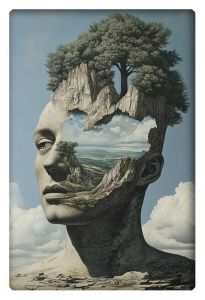 Surreal landscape of a human head with an open skull revealing a tree and a vast natural scene.