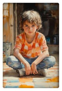 A watercolor portrait of a thoughtful child sitting on a tiled floor, capturing innocence and reflection.