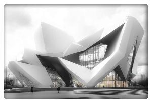 A futuristic museum building featuring dynamic, angular shapes in a sleek, white geometric design, with large glass windows reflecting the minimalist architecture.