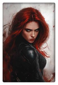 Black Widow from Avengers, featuring fierce red hair and a determined expression, with dynamic shading in her suit.