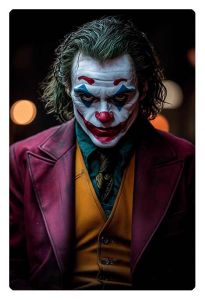 AI-generated portrait of the Joker, with intense expression, wearing a maroon suit and yellow vest in dramatic lighting.