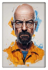 A bold, stylized illustration of a bald man with glasses and a stern expression, wearing an orange shirt with splashes of color.