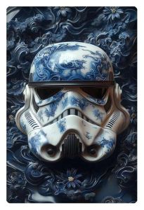 Stormtrooper helmet with intricate blue swirling floral designs on a rich, textured background.