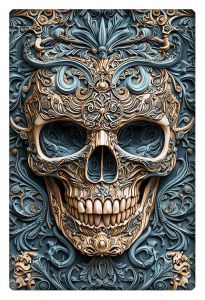 A highly detailed skull surrounded by ornate, swirling patterns in gold and teal, blending modern art with a classical aesthetic.