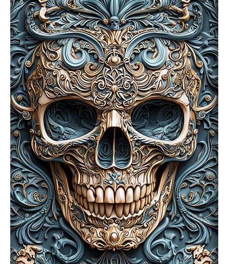 A highly detailed skull surrounded by ornate, swirling patterns in gold and teal, blending modern art with a classical aesthetic.