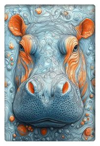 A highly detailed abstract drawing of a hippo's face with swirling blue and orange patterns.