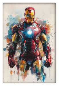 Iron Man standing tall in full armor, painted in vibrant watercolor splashes, radiating energy.