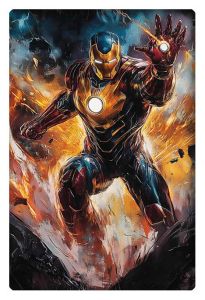 Iron Man bursting from the ground with his repulsor ready, surrounded by flames and debris.