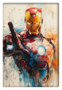 Vibrant splash-style painting of Iron Man, hand raised with a glowing repulsor beam.watercolor effect, dynamic and powerful stance.