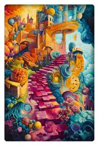 A fantastical, colorful landscape featuring a winding pink staircase leading to an eclectic mix of whimsical buildings, oversized clocks, and surreal organic forms. Bright, vibrant colors dominate the scene, creating a dreamlike and otherworldly atmosphere.