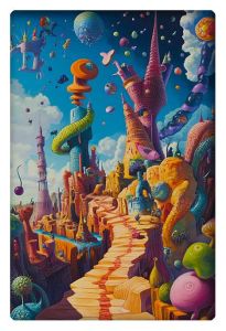 A whimsical, vibrant landscape filled with surreal towers and structures spiraling into the sky. The scene is colorful and fantastical, featuring floating spheres and peculiar, organic architecture against a bright, blue sky.