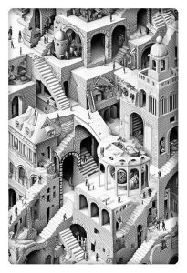 A black-and-white, intricate architectural drawing depicting a maze-like city with many staircases, arches, and balconies. The artwork features small figures scattered throughout, interacting with the city’s complex design.