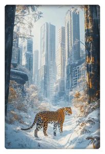 Majestic jaguar walking through a snow-covered cityscape surrounded by skyscrapers and trees