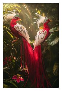 Two elegant red birds with long flowing tails and white jewel-adorned feathers perched in a lush, sunlit jungle setting.