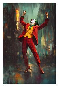 Stylized portrait of the Joker, arms raised triumphantly in a vibrant red suit.