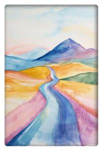 Abstract watercolor painting of a winding road leading through colorful hills towards a distant mountain.