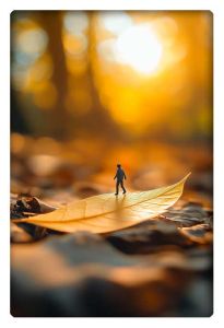 A miniature traveler walking on a large leaf, set against a warm, glowing background with autumn hues.