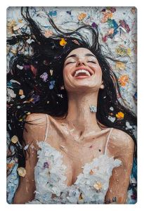 Laughing woman lying in colorful petals.