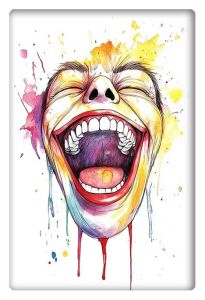 Vibrant watercolor of a face laughing hard, with bold splashes of color.