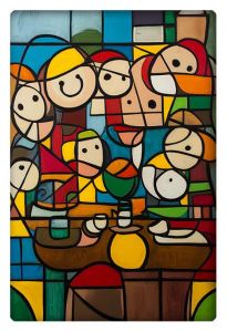 Colorful abstract depiction of people gathered around a table in a modern geometric style.