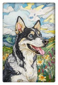 A happy Husky with bright blue eyes and a joyful expression stands in a colorful meadow surrounded by wildflowers and distant mountain peaks under a partly cloudy sky.