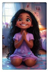 A digital artwork of a young girl with long flowing hair and a joyful expression, sitting on her knees with hands clasped in delight. The room behind her is softly lit, creating a warm and inviting atmosphere.