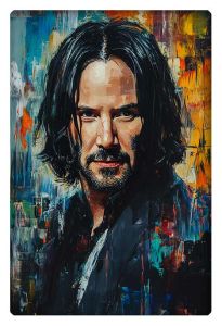 Keanu Reeves’ portrait in an abstract, bold color palette featuring deep blues, oranges, and yellows.