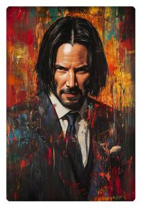 Keanu Reeves in a sharp suit, set against a vibrant, abstract background of red, yellow, and orange tones.