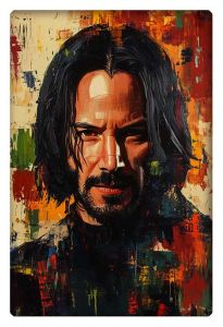 Close-up of Keanu Reeves with abstract colorful brush strokes surrounding his intense expression.